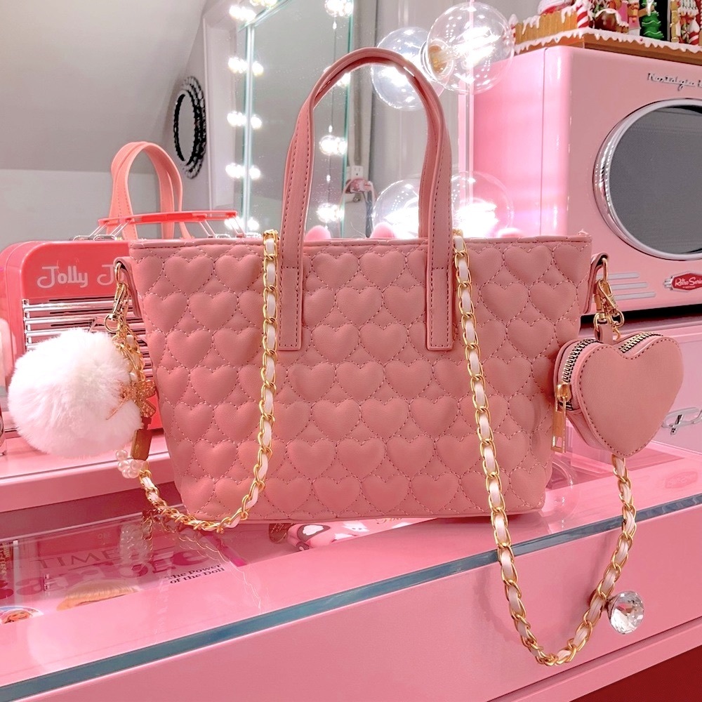 Pink Heart Quilted Tote Purse Handbag White & Gold Chain Strap Puff Keychain